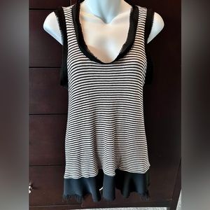 Altar'd State Boho Black & Cream Striped Tank Top w Layered Sheer Fringe EUC